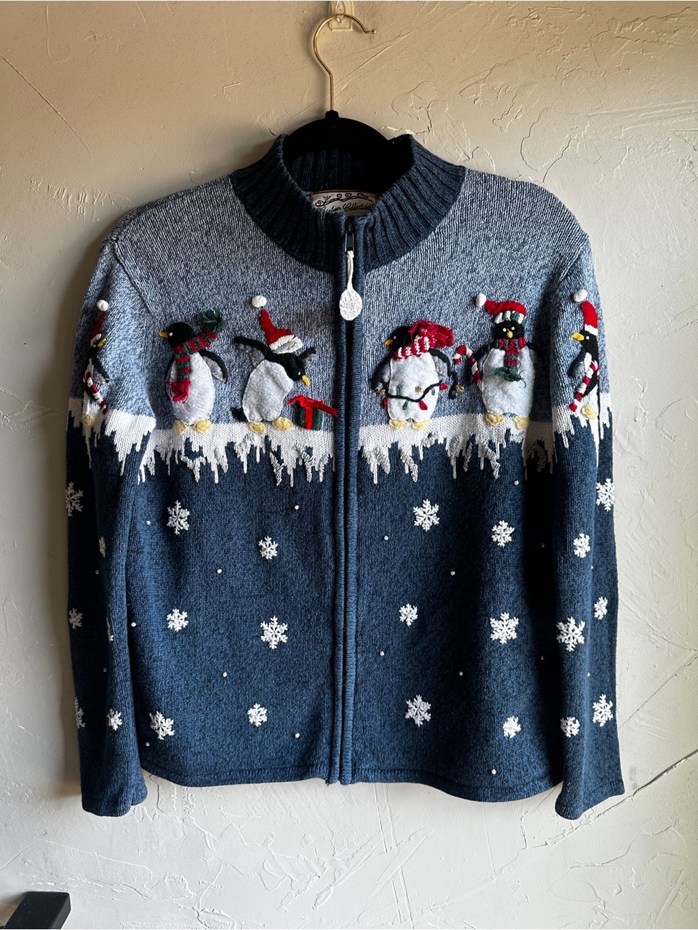 Heirloom Collectibles Penguin Zip Sweater Cottagecore Kitsch Christmas Core Sz S